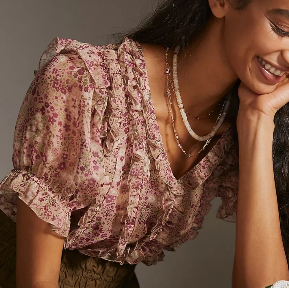Anthropologie Floral Sheer Cropped Puff Sleeve Blouse PXXS